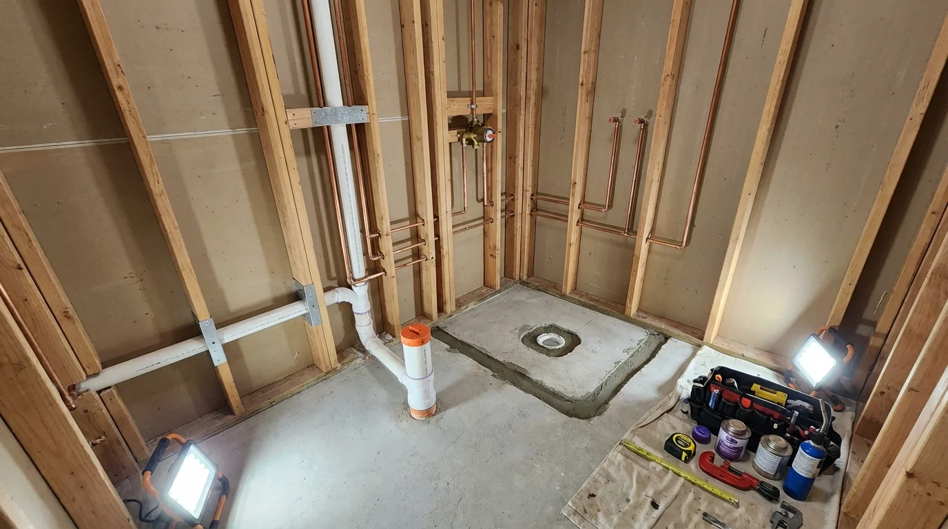 Bathroom rough-in plumbing during remodel by Johns Plumbing LLC in Tucson