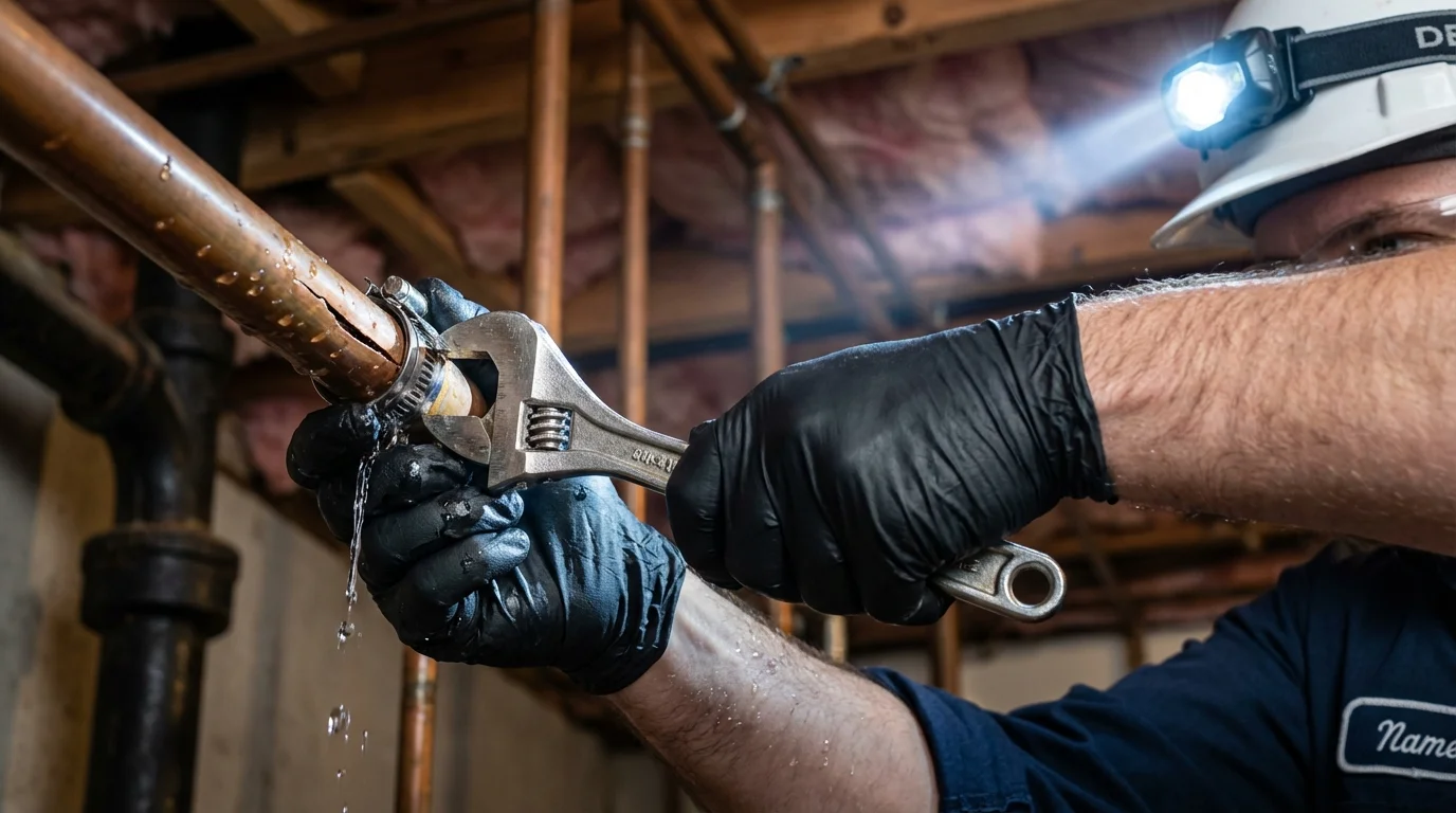 Emergency pipe clamp repair being performed by a Johns Plumbing LLC plumber in Tucson