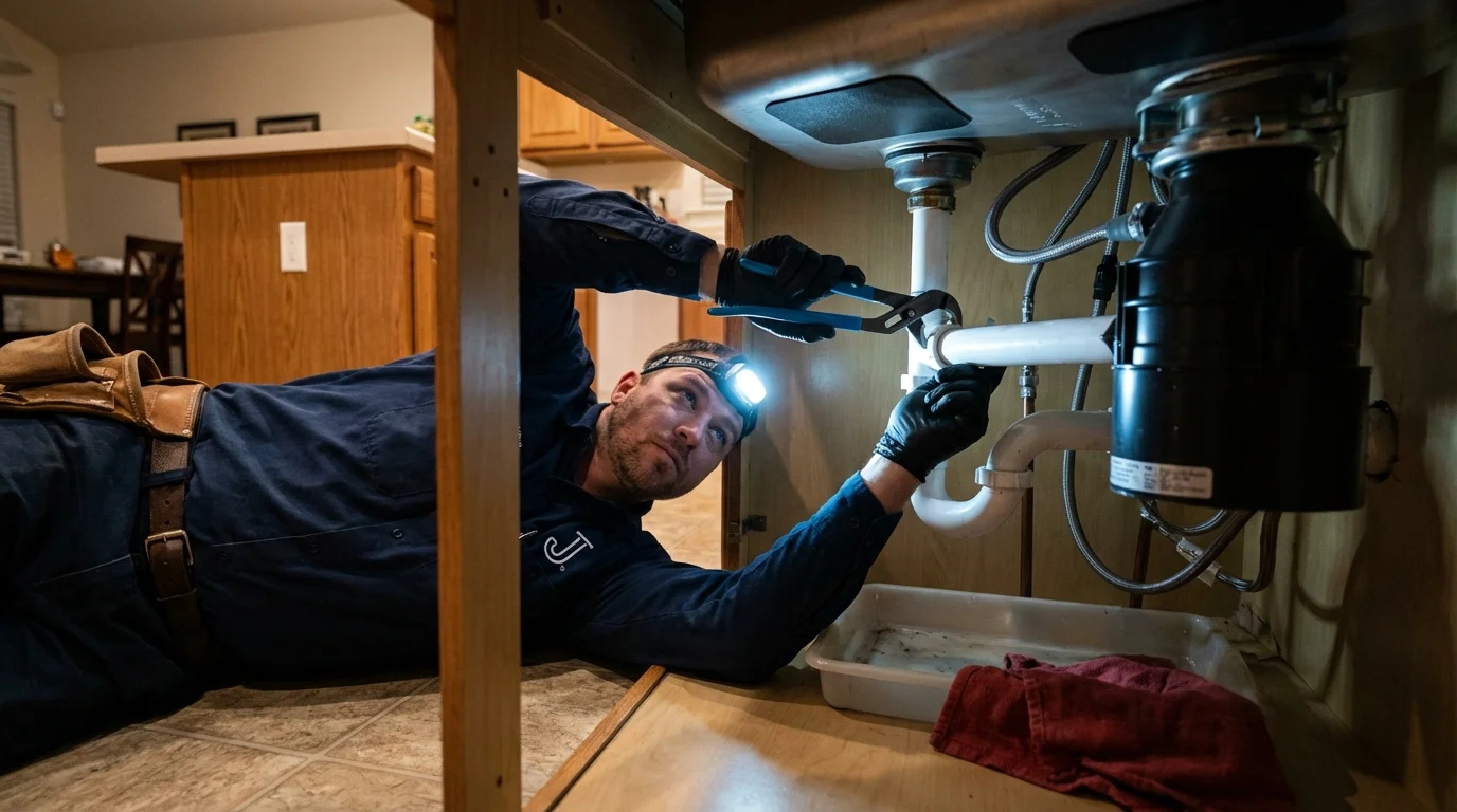 P-trap and supply line connections under a kitchen sink showing a common leak point in Tucson, AZ